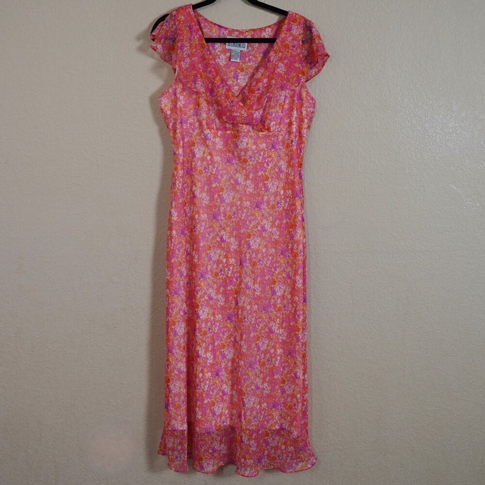 Vintage Just In Thyme Women's Pink Floral Maxi Dress Flutter Sleeve Mesh Fairy 1
